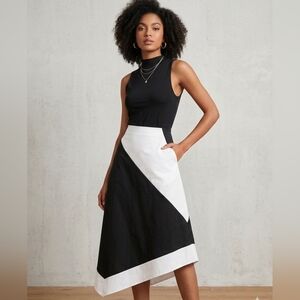 AKIRA Black and White Colorblock Asymmetric Midi Skirt